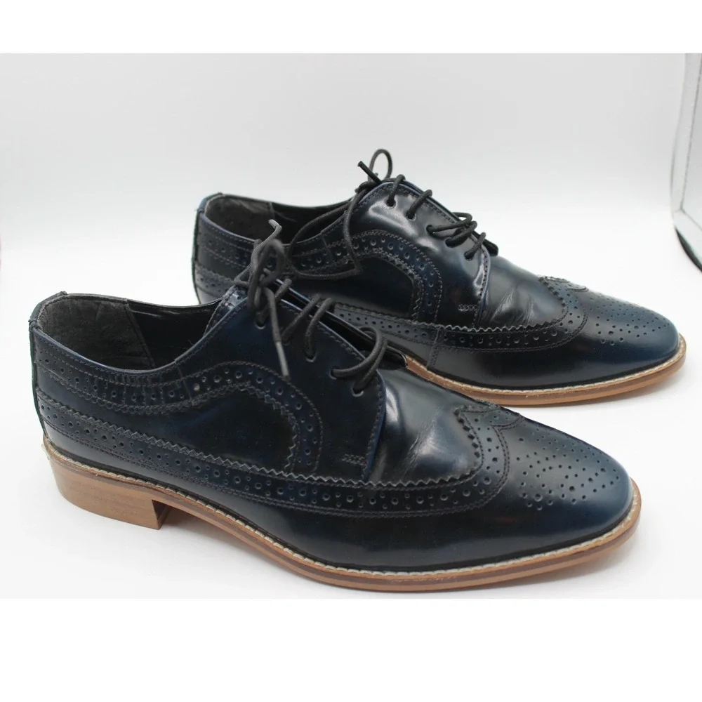 ASOS DESIGN Navy Blue Leather Wingtip Brogue Shoes Derby Laceup 390031685 Size 6